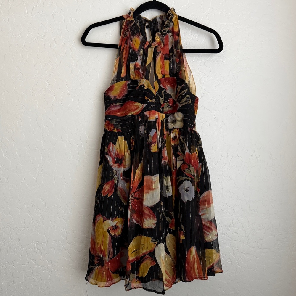 Anna Sui x Anthropologie Nagai Iris Silk Metallic Floral Dress Black Gold Sz 2